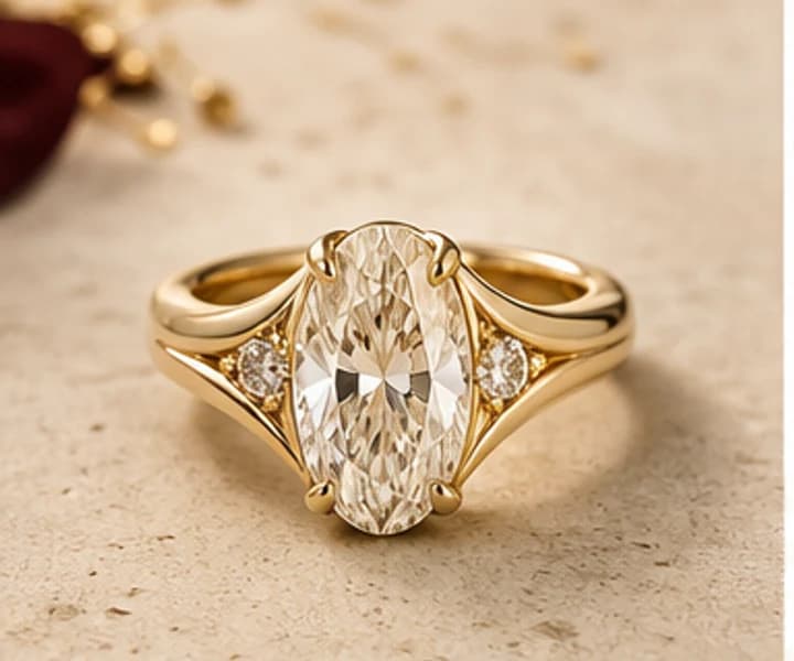 Illustrative sculptural oval-center engagement ring on warm ivory stone