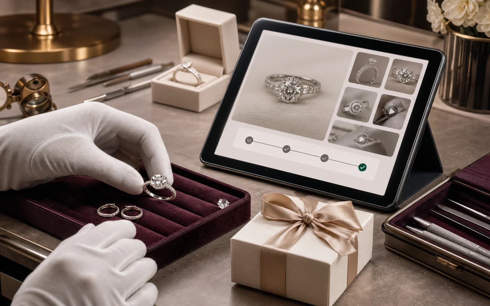 Leyloon atelier approval scene with a finished ring, quality-check media, and gift packaging